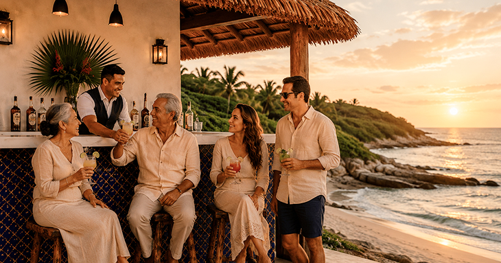 Guests enjoying cocktails at Bella Vita Tulum's beachfront bar at sunset, Tankah Bay