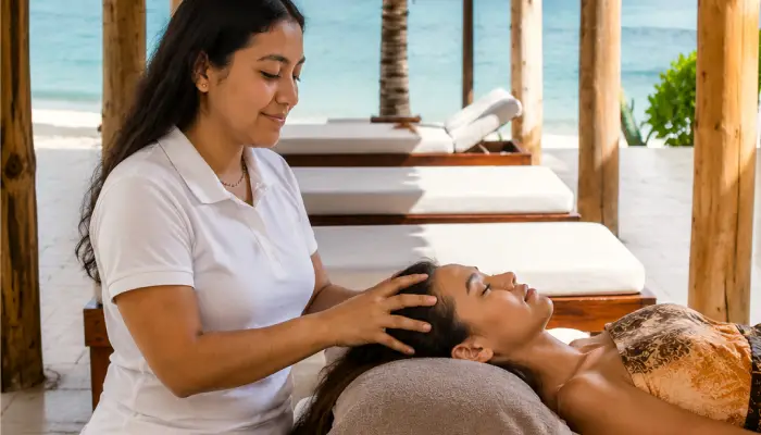 Guest receiving a beachfront head massage from a therapist at Bella Vita Tulum's outdoor spa with ocean views