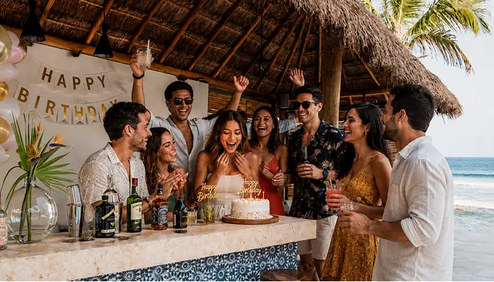 Group of guests celebrating a birthday with cake and cocktails at Bella Vita Tulum's beachfront bar