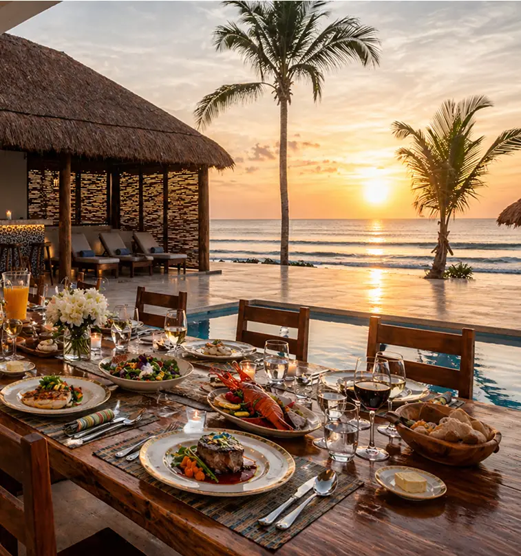 Group dining by the pool at sunset overlooking the Caribbean Sea at Bella Vita Tulum