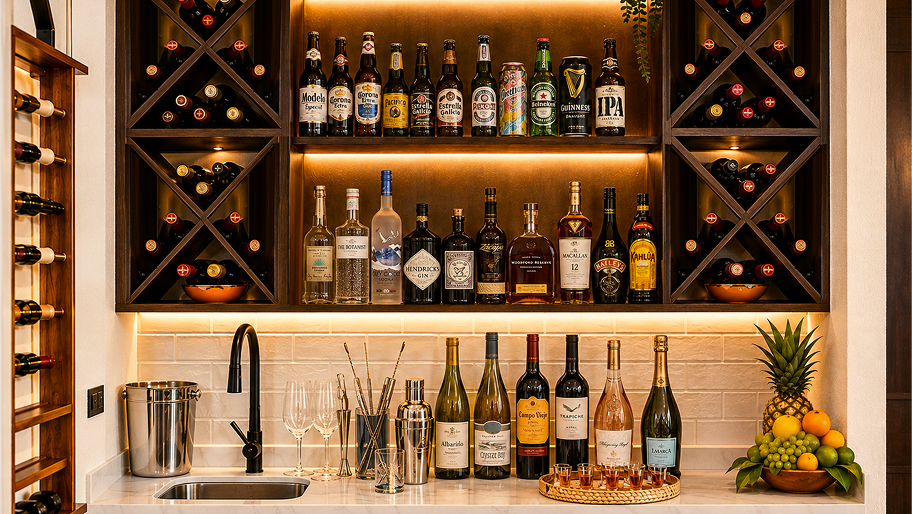 Fully stocked private bar at Bella Vita Tulum with wines, premium spirits, and beer selection including Modelo, Guinness, and Estrella Galicia