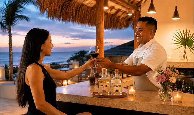 Guest toasting with a bartender at Bella Vita Tulum's private bar at sunset with tequila, mezcal, and Caribbean Sea views