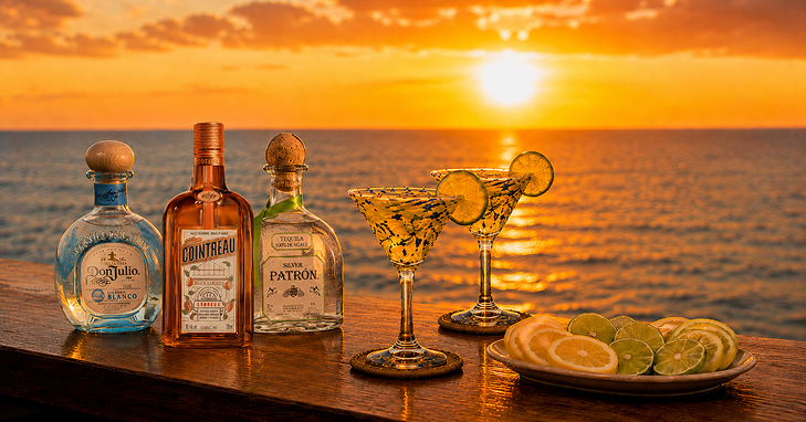 Signature margaritas with Don Julio and Patrón tequila at sunset, served at Bella Vita Tulum's beachfront bar
