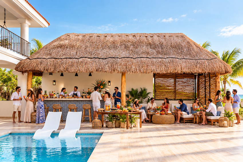 Bella Vita Tulum beachfront accommodation for large groups with a poolside palapa lounge and bar
